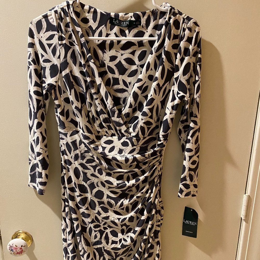 Lauren Ralph Lauren Long Sleeve Grey & White Printed faux wrap Jersey Dress NWT
